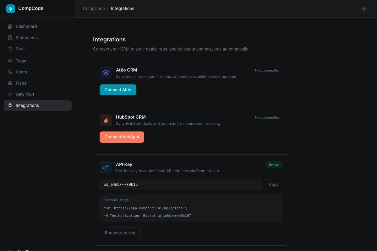 CompCode integrations page showing Attio, HubSpot, and API key